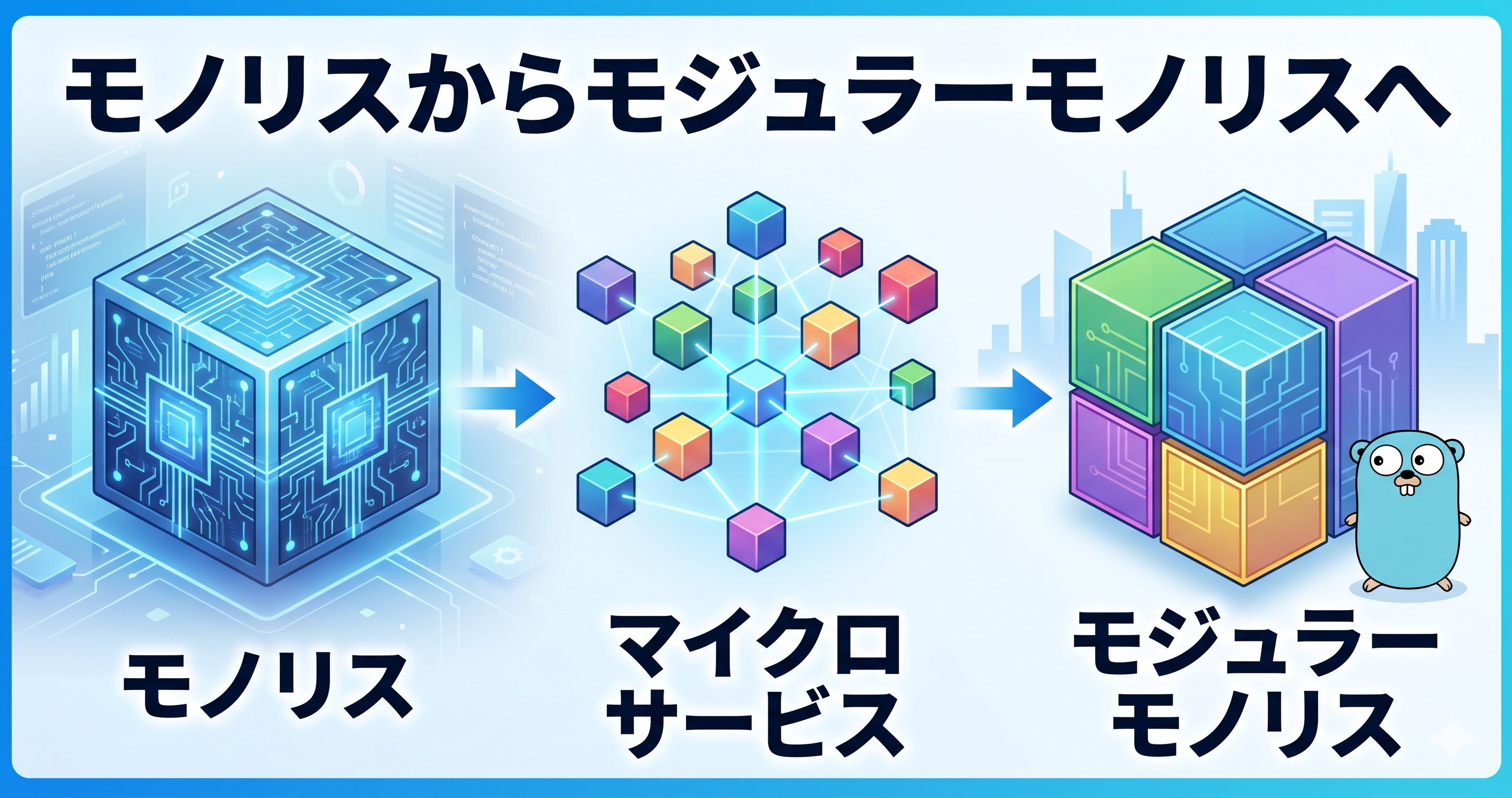 モノリスからマイクロサービス、モジュラーモノリスへの変遷を示す概念図