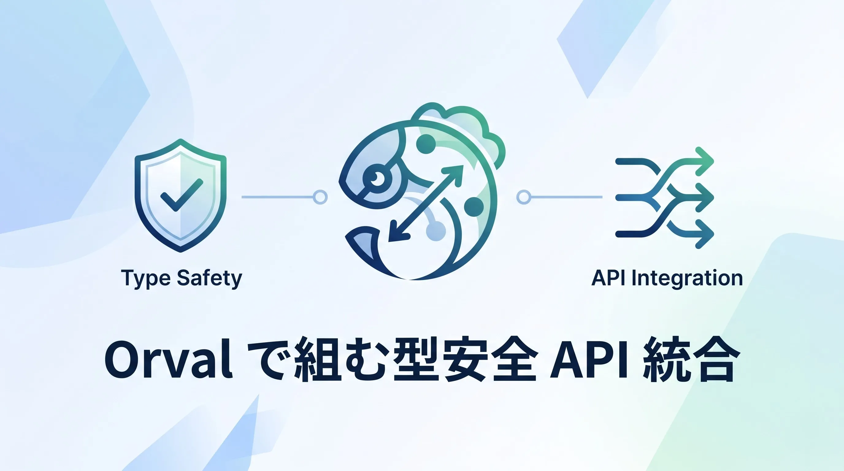 「Type Safety」のラベルが付いた盾アイコン、Orval のシンボル、「API Integration」のラベルが付いた合流矢印アイコンが横一列に並び、下部に「Orval で組む型安全 API 統合」のタイトルが配置されたカバー画像