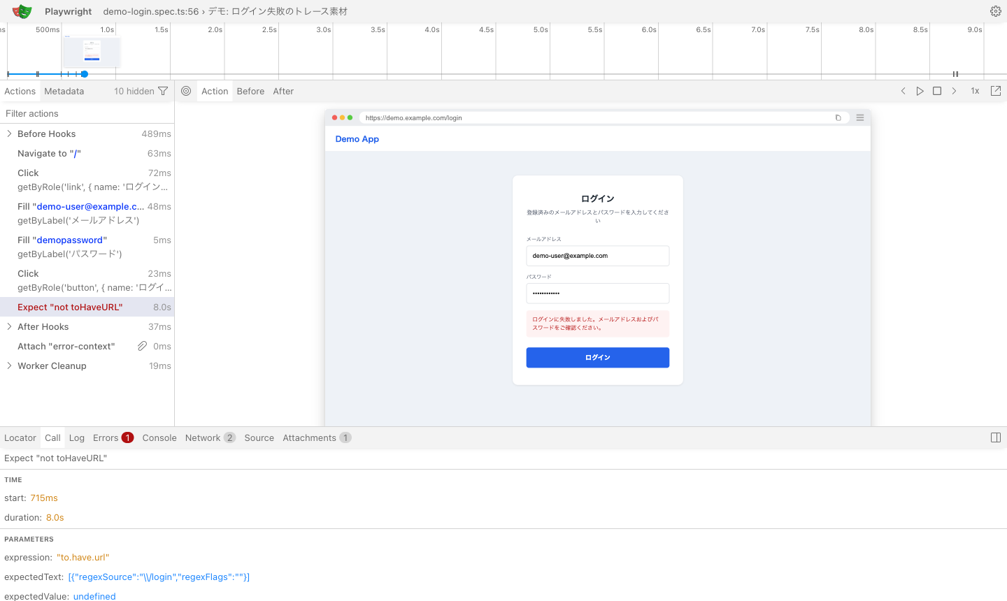 Trace ビューアでログイン失敗を調査している画面。左のアクション一覧で失敗したステップが赤く示され、右にはログイン失敗のエラーが表示されたページ、下部にはConsole・Networkログが並ぶ